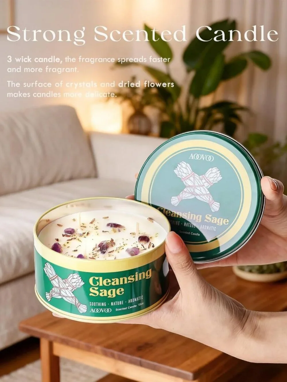 Large 12oz Sage Candle with Crystals & Leaves - Aromatherapy for Meditation